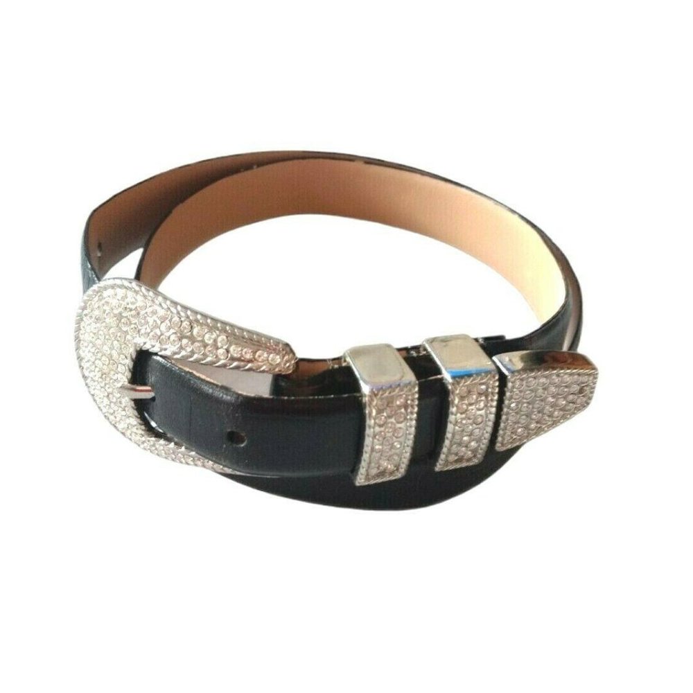 Christine Alexander Belt Size M Rhinestones Bling Black Leather #J9511 Silver